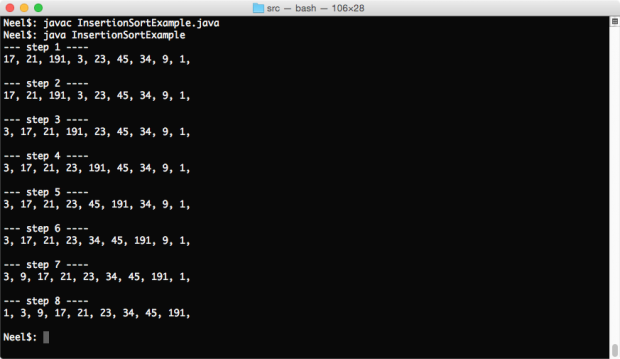 Insertion sort example in Java