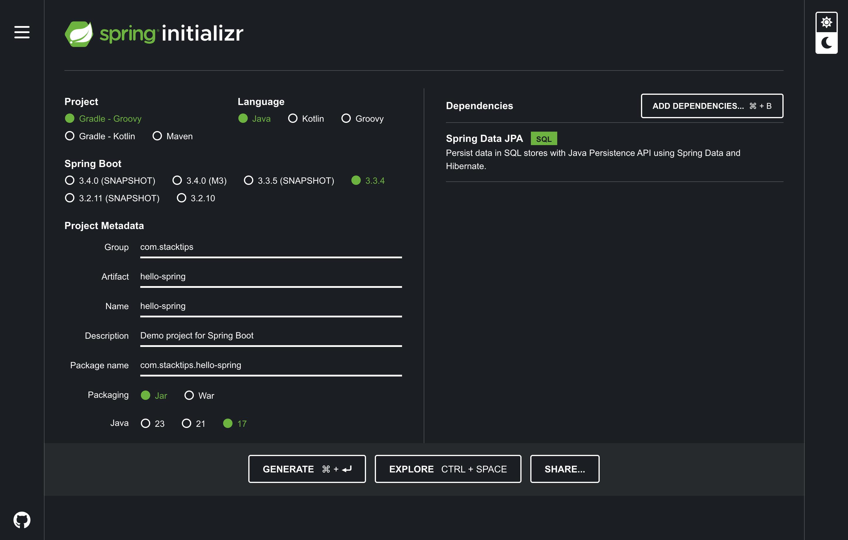 Generating a project using Spring Initializr